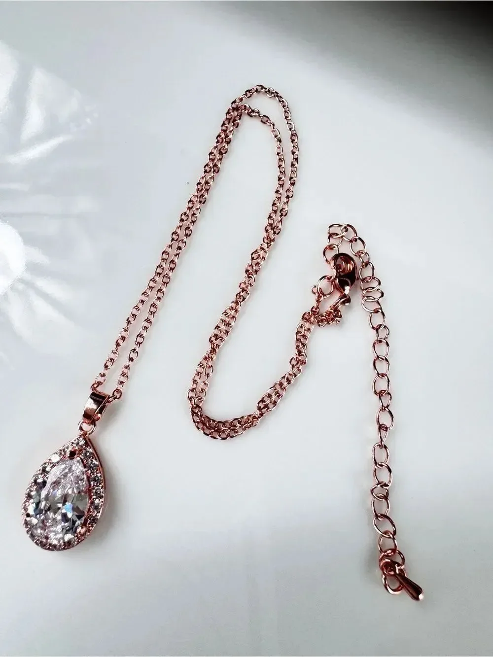 Rose Gold Teardrop Cubic Zirconia Pendant Necklace with Clear Cubic Zirconia